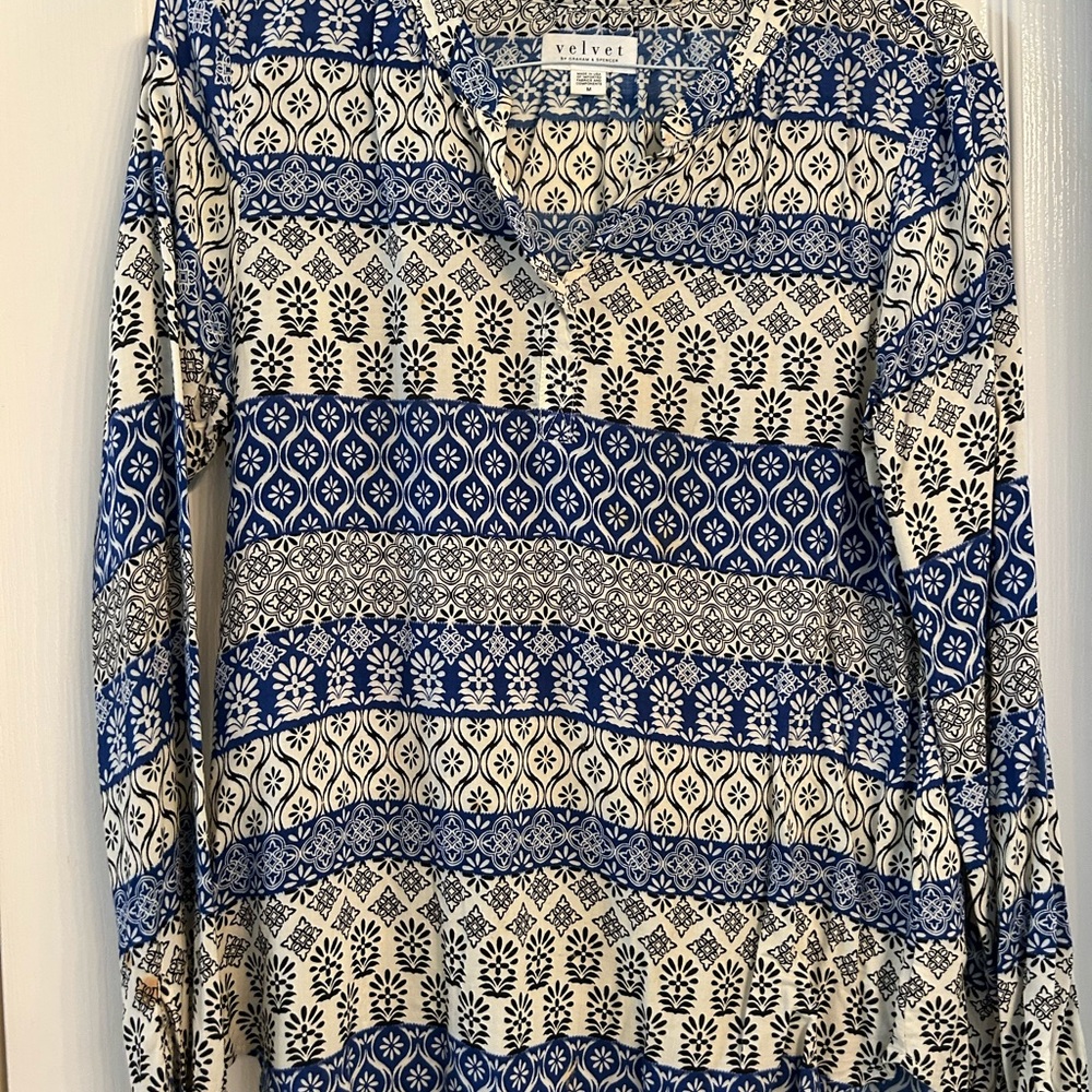 Velvet Blue and White Patterned Blouse